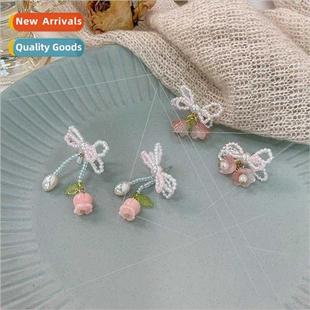 beaded bow earrings sweet New fashion fresh