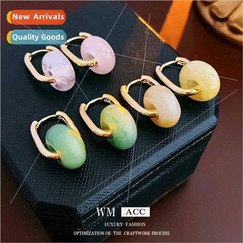 Korea hollow round pink crystal jade earrings earrings simpl