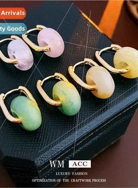 Korea hollow round pink crystal jade earrings earrings simpl