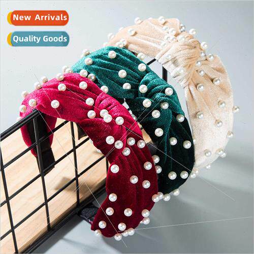 Europe fashion simple pearl hair band gold velvet middle kno