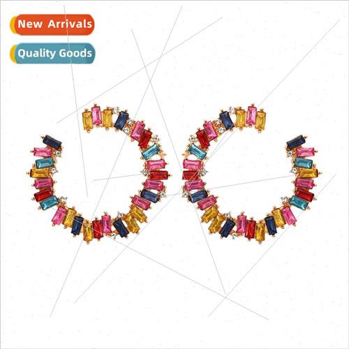 Vintage geometric C-shaped colored diamond earrings exaggera