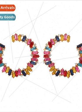 Vintage geometric C-shaped colored diamond earrings exaggera