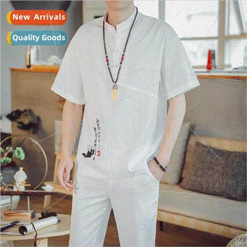 Summer new men short-sleeved long pants twoPCS Chinese retro