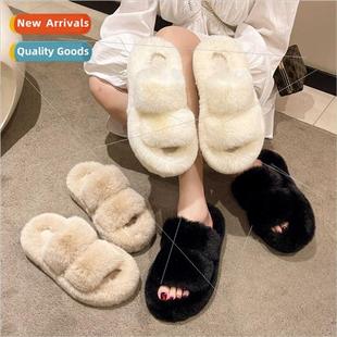 rabb hair slippers Thick external imation female wear bottom