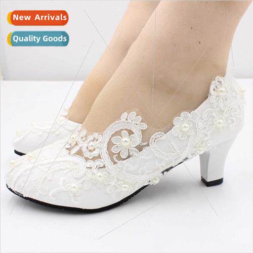 Lace High Heel Wedding Shoes White Bridal Shoes Low Heel Bri