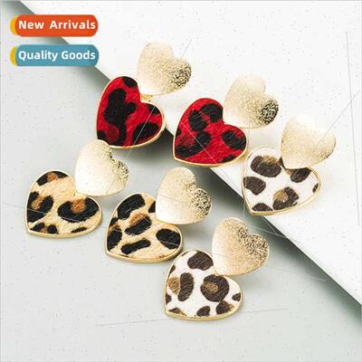 Leopard Print Alloy Heart Alloy Frosted Earrings Women Europ