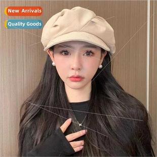 Spring Autumn retro pleated octagonal cap female big head ci