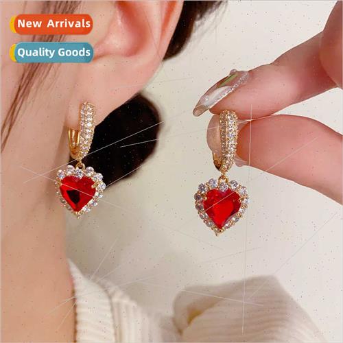Delicate zirconia red love heart earrings retro fall winter