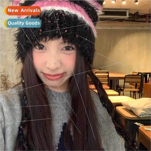 Cute striped color clashing cat ears knted hat rabb fur velv