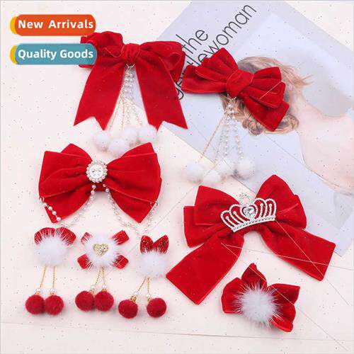 new Year children headdress accessories red velvet bow pearl