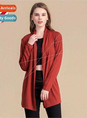 Pure wool cardigan women solid color medium-length warm jack