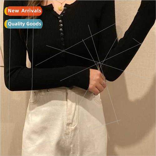 Red V-neck button short long-sleeved kn sweater female fall