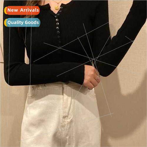 Red V-neck button short long-sleeved kn sweater female fall