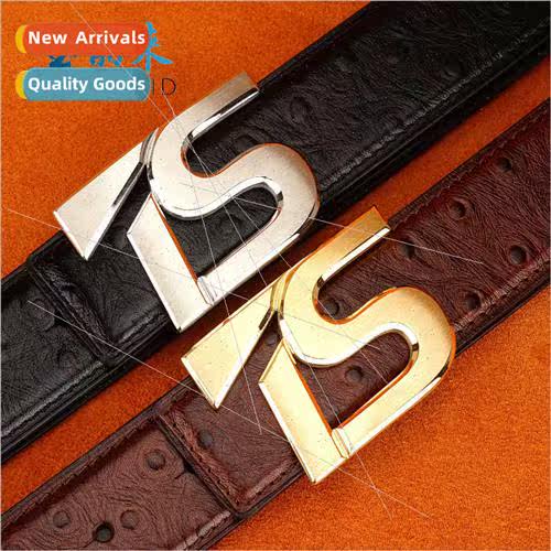 Ostrich grain stainless steel smooth buckle head belt men ca