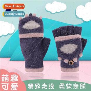 Disposal half finger flip gloves kids winter half jacquard w