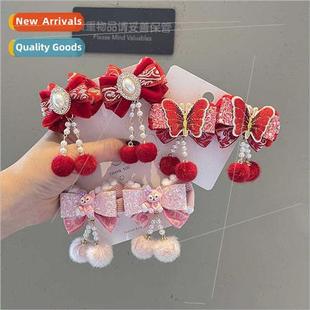 Red New Year hair ornaments pearl diamond buckle tassel red