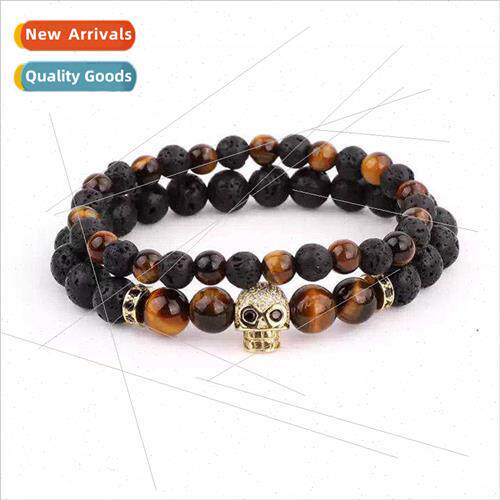 American Tiger Eye Lava Stone Beads CZ Skull Charms Elastic
