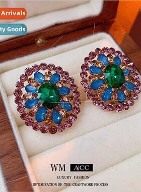 Earrings silver pin colorful diamonds flowers oval fashion h