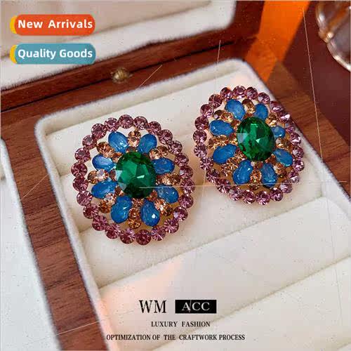 Earrings silver pin colorful diamonds flowers oval fashion h