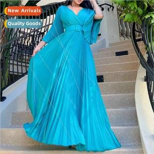 Flared Long Sleeve Pleated Dress 欧美V领喇叭袖压褶大摆连衣裙