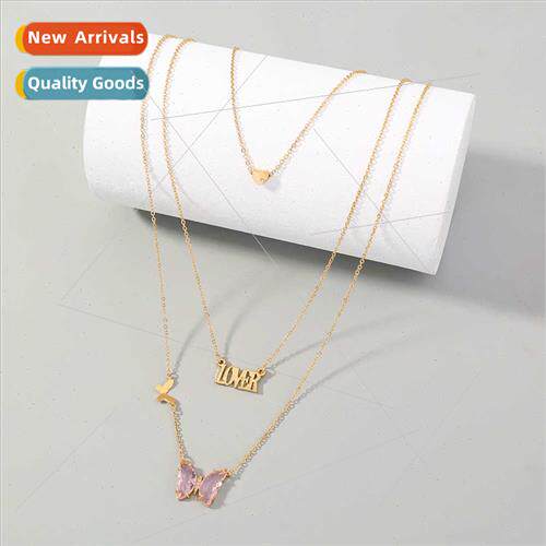 Europe Zirconia Pink Butterfly LOVE Pendant Necklace Fashion