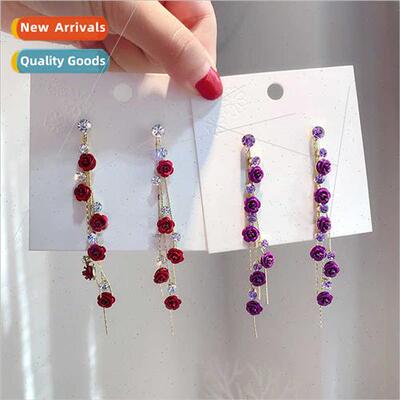 Flower long earrings versatile red rose flower flowers long