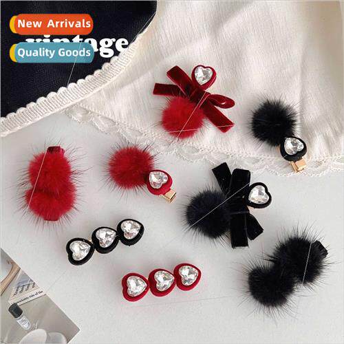 Korean autumn winter warm mink fur ball hair clips velvet lo