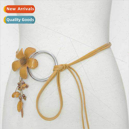 Korean fashion cowhide thin belt women versatile flowers hea