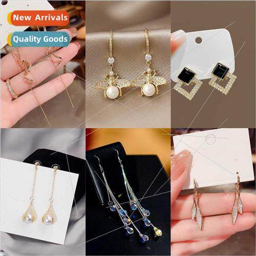 Korea crystal tassel earrings blue triangle long earrings Ko