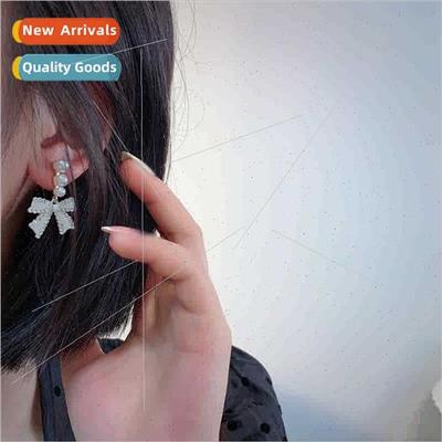 Silver needle milky white pearl bow earrings适用women niche