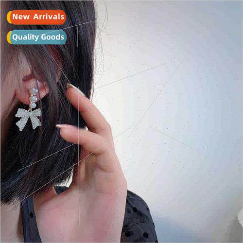 Silver needle milky white pearl bow earrings适用women niche