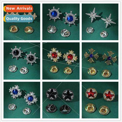 Fashion men collar diamond rudder lapel pin gold pentagram n