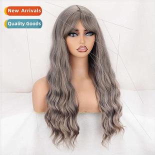 Europe long curly wig greenish gray bangs wool curly mechani