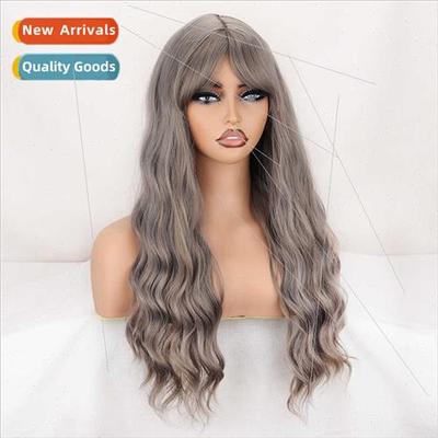 Europe long curly wig greenish gray bangs wool curly mechani