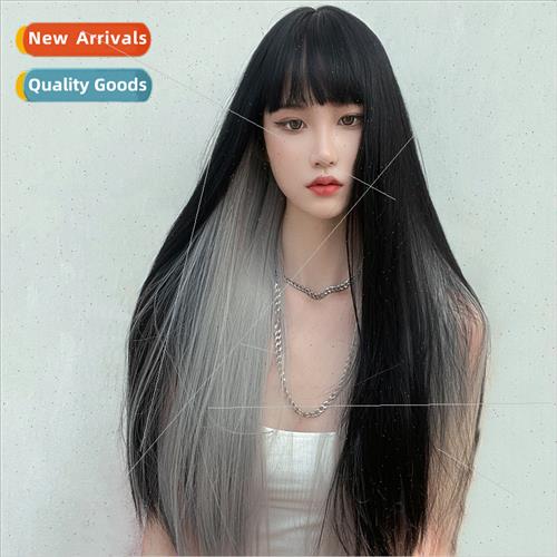 wig female hanging ear dyed long gradient color granny gray