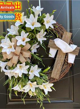 Easter Cross Wreath Faux Plant Decoration Door Hanging Bow R