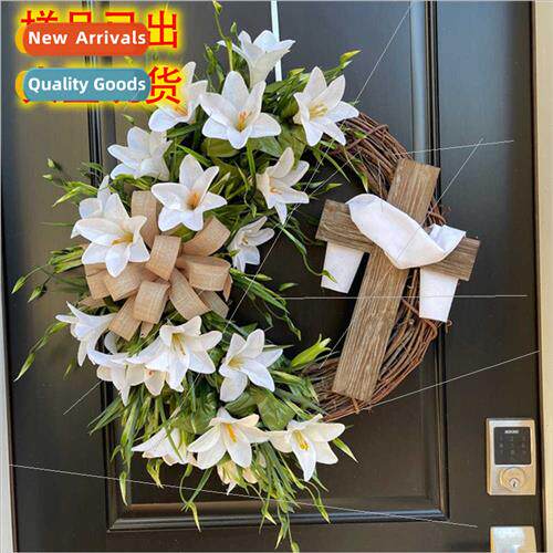 Easter Cross Wreath Faux Plant Decoration Door Hanging Bow R