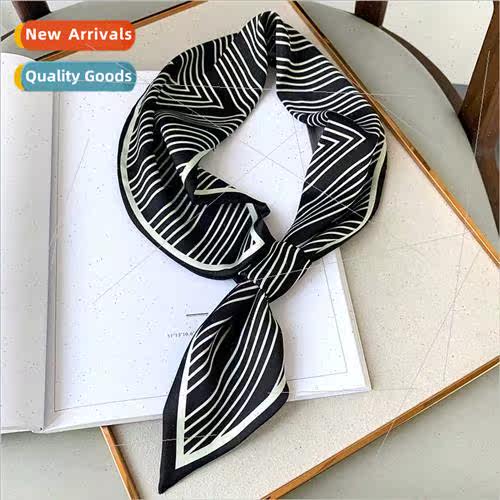 Korean  lerary striped small silk scarf female simulation si