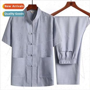 linen elder men aged middle set cotton sleeved short Tang