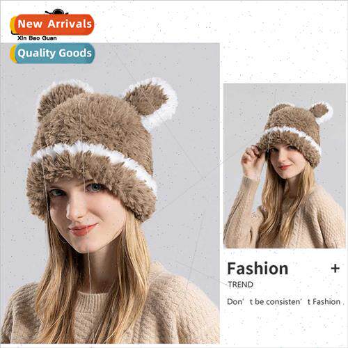 8371 winter plush hat female cute bear ear protection knted