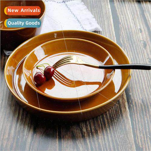 Creative coffee color ceramic round breakfast plate steak pa