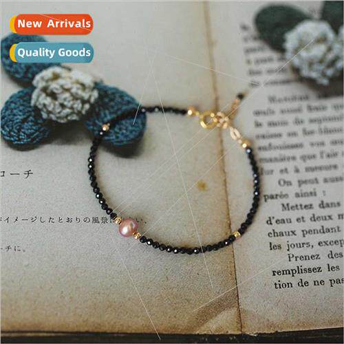 Black Spinel Very Fine Bracelet Plated 14k Gold Wrapped Pink