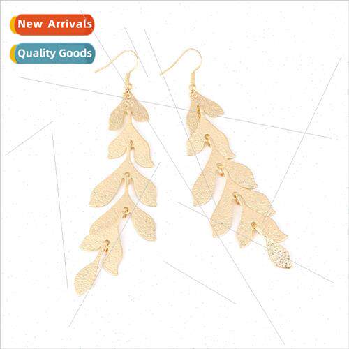 exaggerated long gold metal leaf earrings retro creative sen
