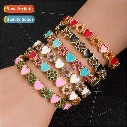Copper Zirconia Enameled Drip Oil Heart Shaped Bracelet Tenn