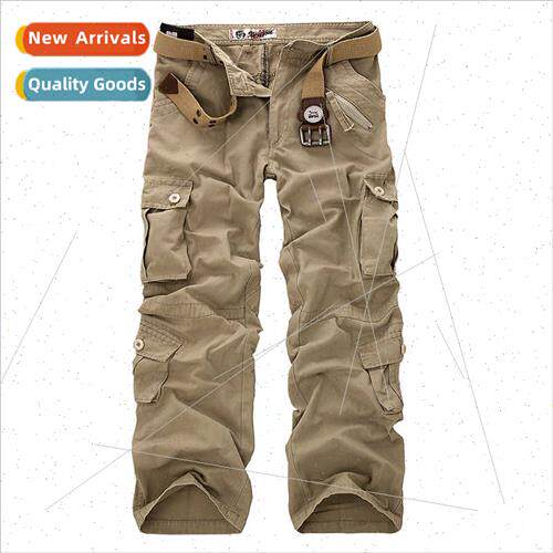 Model loose plus size men multi-pocket washed men work pants