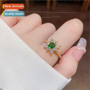 Square Zirconia Flower Europe Female Green Ring che Elegant