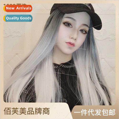 Wig Women Europe Black Gray Gradient Color Medium Long Chemi