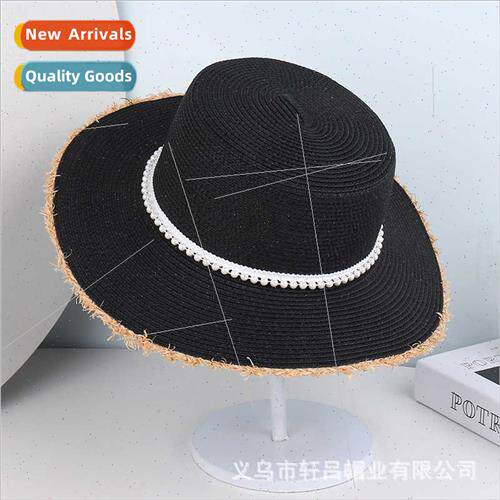 Panama straw hat women new burlap pearl flat top sun hat sum