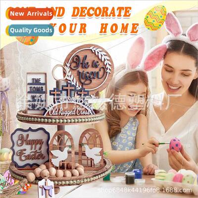 Easter Bunny Wooden Layered Tray Home Desktop Decor Egg Gnom