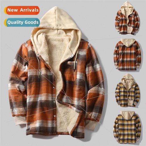 2023 new men loose plaid hooded jacket fashion padded thicke